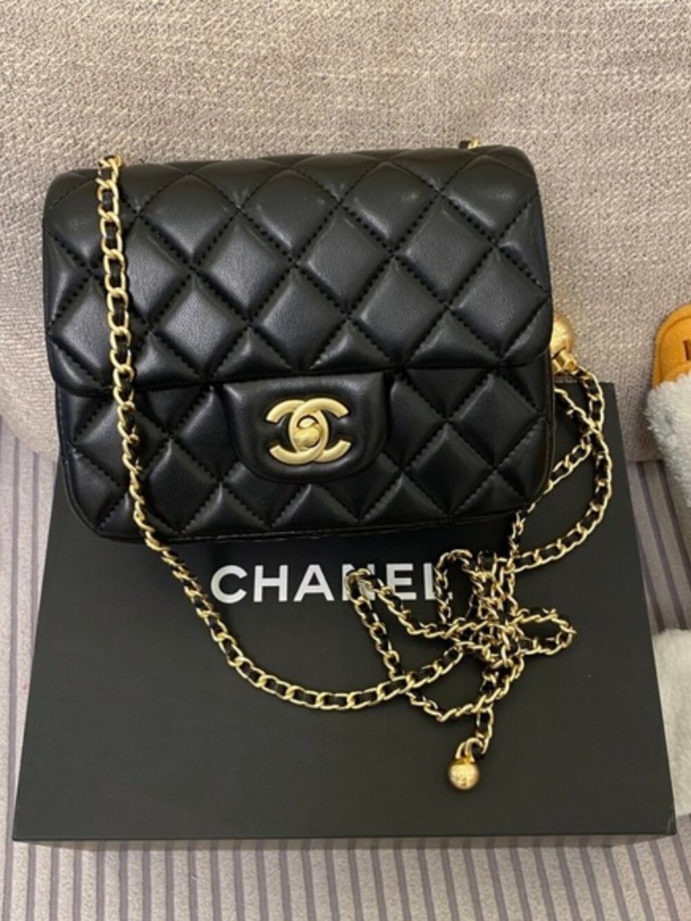 Chanel Lambskin Mini Flap Gold Ball Crossbody Bag Black